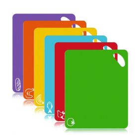 Set of 6 Colored Chopping Board Mats with Food Icons & Easy-Grip Handles Thick Flexible Plastic Kitchen Cutting Board Mats Set Non-Porous Dishwas