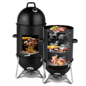 Vertical Steel Charcoal Smoker, Heavy Duty Three Layer Round BBQ Grill Smokey Mountain Cooker for Outdoor Cooking, Black