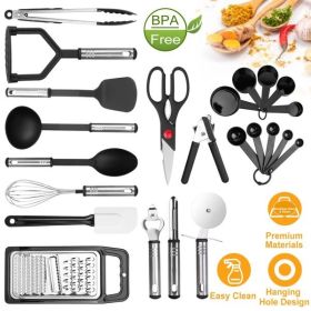 23Pcs Kitchen Utensil Set Stainless Steel Nylon Heat Resistant Cooking Utensil Tool Kit w/ Grater Scraper Tongs Whisk Can Bottle Opener Pizza Cut